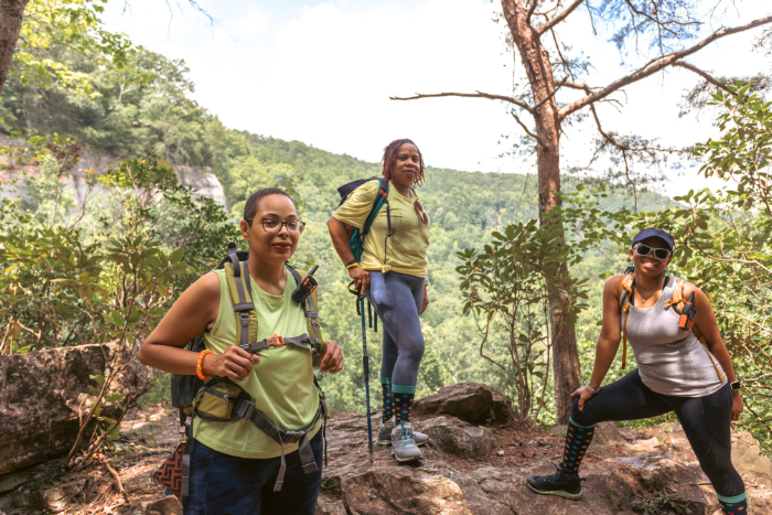 3 Black women hiking for a mental health break